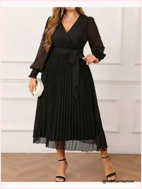 Plus Size Long Sleeve Pleated Midi Dress for Wedding Guest Semi Formal - Picture 6 of 7
